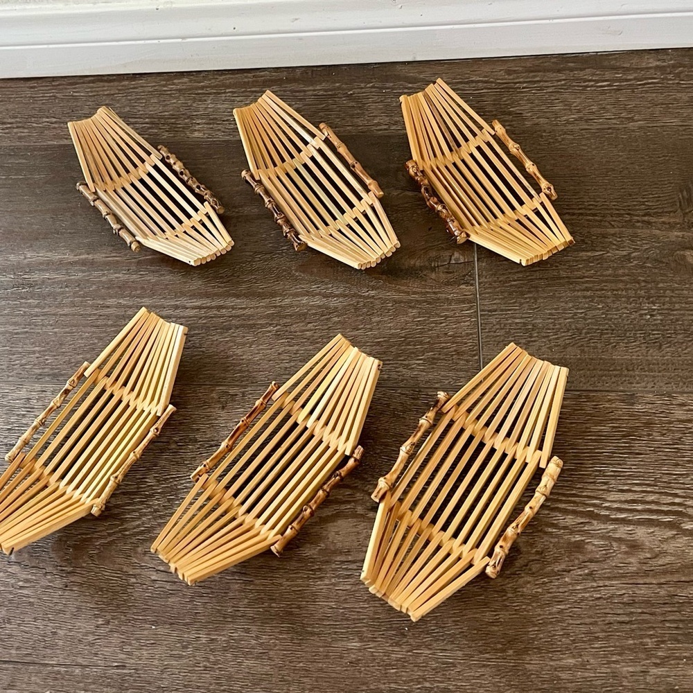 Vintage set 8 Japanese bamboo sushi meal hand towel holder boat